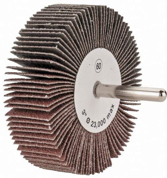 Tru-Maxx - 3" Diam x 1" Face Width, Medium Aluminum Oxide Coated Mounted Flap Wheel - 1/4" Shank Mount, 60 Grit, 20,000 Max RPM - Apex Tool & Supply
