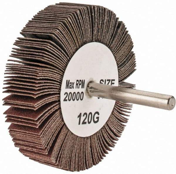 Tru-Maxx - 3" Diam x 3/4" Face Width, Fine Aluminum Oxide Coated Mounted Flap Wheel - 1/4" Shank Mount, 120 Grit, 20,000 Max RPM - Apex Tool & Supply