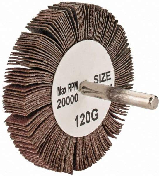 Tru-Maxx - 3" Diam x 1/2" Face Width, Fine Aluminum Oxide Coated Mounted Flap Wheel - 1/4" Shank Mount, 120 Grit, 20,000 Max RPM - Apex Tool & Supply