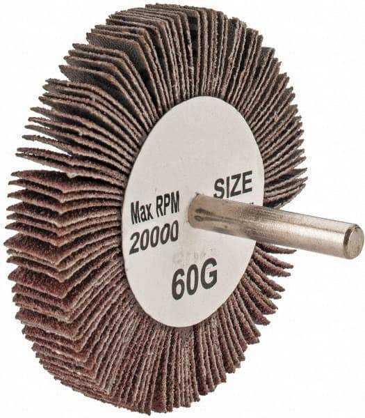 Tru-Maxx - 3" Diam x 1/2" Face Width, Medium Aluminum Oxide Coated Mounted Flap Wheel - 1/4" Shank Mount, 60 Grit, 20,000 Max RPM - Apex Tool & Supply