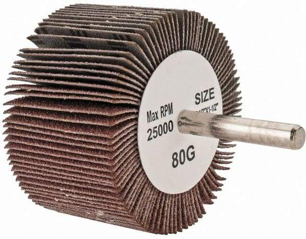 Tru-Maxx - 2-1/2" Diam x 1-1/2" Face Width, Medium Aluminum Oxide Coated Mounted Flap Wheel - 1/4" Shank Mount, 80 Grit, 25,000 Max RPM - Apex Tool & Supply