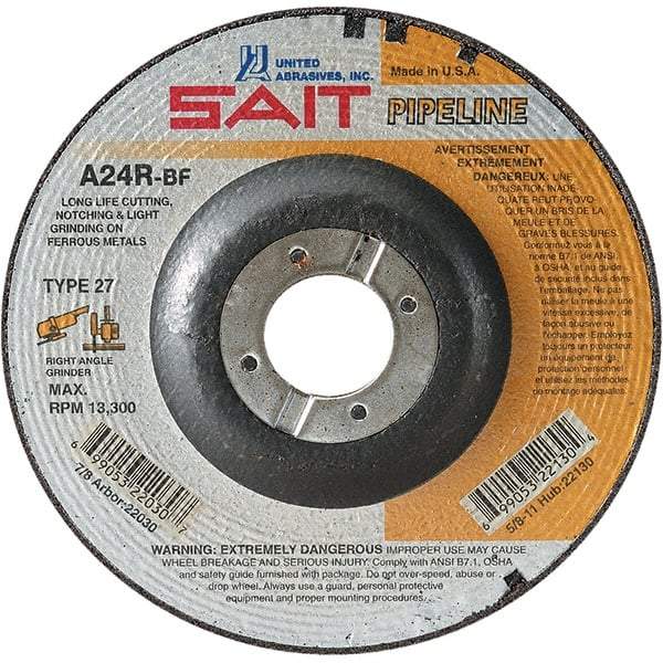Sait - 24 Grit, 6" Wheel Diam, 1/8" Wheel Thickness, 7/8" Arbor Hole, Type 27 Depressed Center Wheel - Aluminum Oxide, Resinoid Bond, R Hardness, 10,200 Max RPM, Compatible with Angle Grinder - Apex Tool & Supply