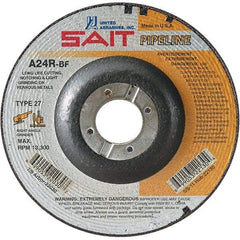 Sait - 24 Grit, 9" Wheel Diam, 1/8" Wheel Thickness, 7/8" Arbor Hole, Type 27 Depressed Center Wheel - Aluminum Oxide, Resinoid Bond, R Hardness, 6,600 Max RPM, Compatible with Angle Grinder - Apex Tool & Supply