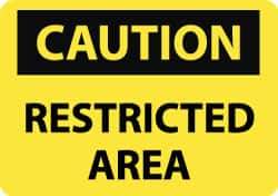 NMC - "Caution - Restricted Area", 10" Long x 14" Wide, Pressure-Sensitive Vinyl Safety Sign - Rectangle, 0.004" Thick, Use for Security & Admittance - Apex Tool & Supply
