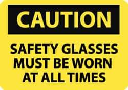 NMC - "Caution - Safety Glasses Must Be Worn at All Times", 10" Long x 14" Wide, Pressure-Sensitive Vinyl Safety Sign - Rectangle, 0.004" Thick, Use for Accident Prevention - Apex Tool & Supply