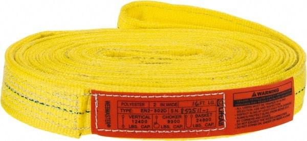 Lift-All - 16' Long x 2" Wide, 12,200 Lb Vertical Capacity, 2 Ply, Polyester Web Sling - 9,800 Lb Choker Capacity, Yellow - Apex Tool & Supply
