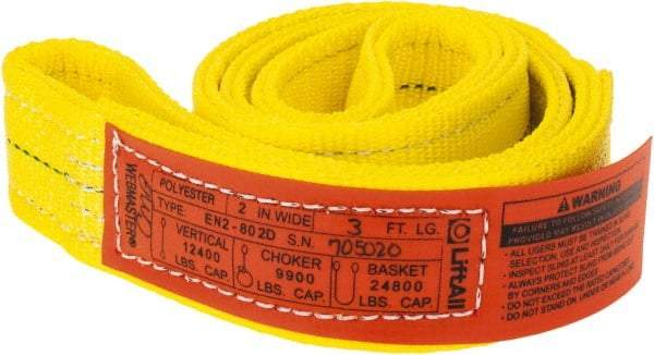 Lift-All - 3' Long x 2" Wide, 12,200 Lb Vertical Capacity, 2 Ply, Polyester Web Sling - 9,800 Lb Choker Capacity, Yellow - Apex Tool & Supply