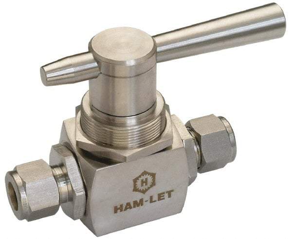 Ham-Let - 1/4" Pipe, Brass, Three Way, Instrumentation Ball Valve - 3,000 psi WOG Rating, Tee Handle, PTFE Seal, PTFE Seat, Swaglok B-42XS4 - Apex Tool & Supply