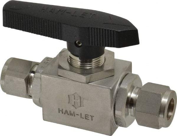 Ham-Let - 1/2" Pipe, Stainless Steel, Inline, Two Way Flow, Instrumentation Ball Valve - 3,000 psi WOG Rating, Tee Handle, PTFE Seal, PTFE Seat, Swaglok SS-45S8 - Apex Tool & Supply