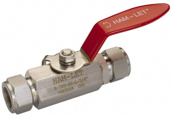 Ham-Let - 1" Pipe, Compression x Compression End Connections, Stainless Steel, Inline, Two Way Flow, Instrumentation Ball Valve - 2,000 psi WOG Rating, Locking Lever Handle, Reinforced PTFE Seal, Reinforced PTFE Seat - Apex Tool & Supply
