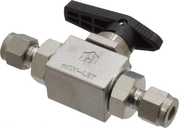 Ham-Let - 1/4" Pipe, Stainless Steel, Inline, Two Way Flow, Instrumentation Ball Valve - 3,000 psi WOG Rating, Tee Handle, PTFE Seal, PTFE Seat, Swaglok SS-42S4 - Apex Tool & Supply