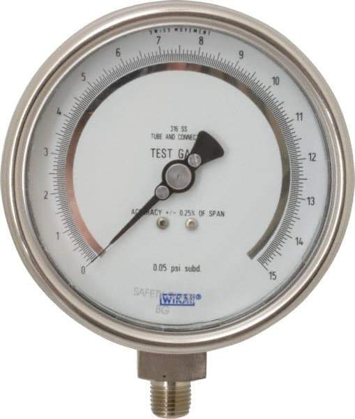 Wika - 4" Dial, 1/4 Thread, 0-15 Scale Range, Pressure Gauge - Lower Connection Mount, Accurate to 0.25% of Scale - Apex Tool & Supply