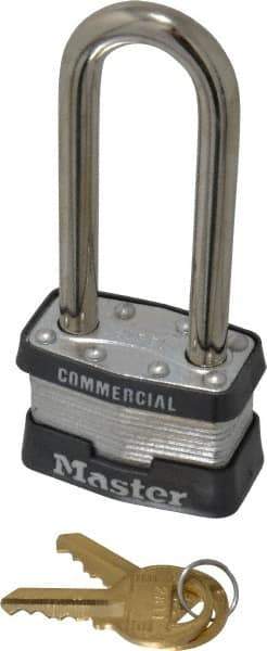 Master Lock - 2-1/2" Shackle Clearance, Keyed Different Padlock - 3/4" Shackle Width, 5/16" Shackle Diam, Laminated Steel - Apex Tool & Supply