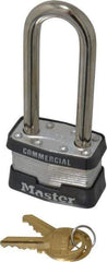 Master Lock - 2-1/2" Shackle Clearance, Keyed Different Padlock - 3/4" Shackle Width, 5/16" Shackle Diam, Laminated Steel - Apex Tool & Supply