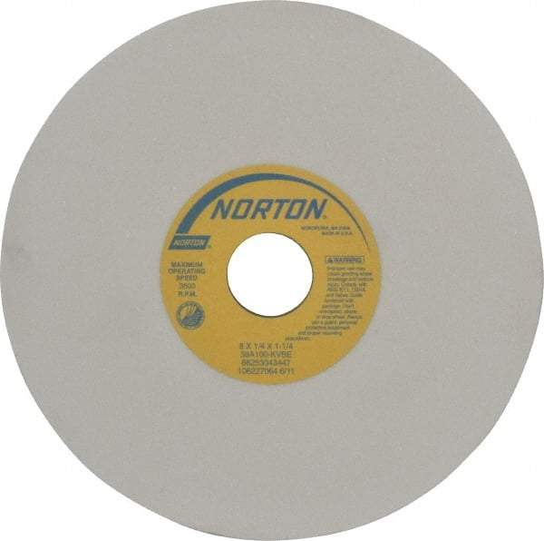 Norton - 8" Diam x 1-1/4" Hole x 1/4" Thick, K Hardness, 100 Grit Surface Grinding Wheel - Aluminum Oxide, Type 1, Fine Grade, 3,600 Max RPM, Vitrified Bond, No Recess - Apex Tool & Supply