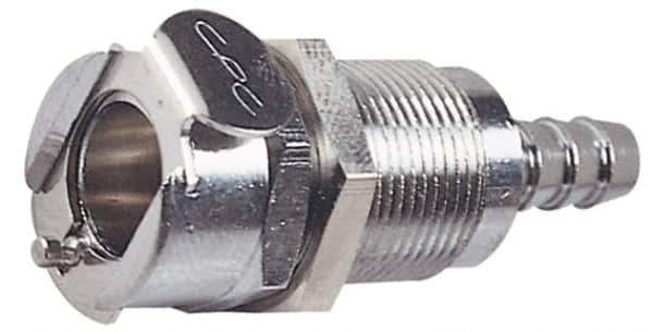 CPC Colder Products - 3/8" Inside Tube Diam, Brass, Quick Disconnect, Hose Barb Valved Panel Mount Coupling Body - 250 Max psi, -40 to 180°F, 1.87" OAL x 0.89" Overall Height, Chrome Plated - Apex Tool & Supply