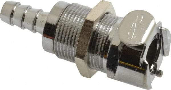 CPC Colder Products - 1/4" Inside Tube Diam, Brass, Quick Disconnect, Hose Barb Valved Panel Mount Coupling Body - 250 Max psi, -40 to 180°F, 2" OAL x 0.89" Overall Height, Chrome Plated - Apex Tool & Supply