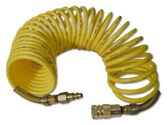Coilhose Pneumatics - 3/8" ID, 3/8 Thread, 50' Long, Yellow Nylon Coiled & Self Storing Hose - 165 Max psi, Industrial Interchange Coupler x Male Swivel - Apex Tool & Supply