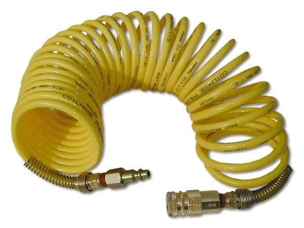 Coilhose Pneumatics - 1/2" ID, 1/2 Thread, 12' Long, Yellow Nylon Coiled & Self Storing Hose - 170 Max psi, Industrial Interchange Coupler x Male Swivel - Apex Tool & Supply