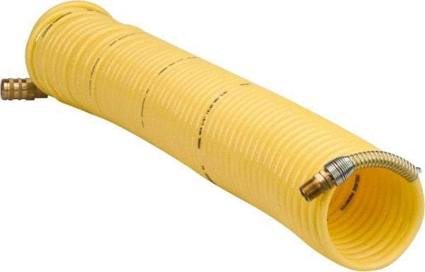 Coilhose Pneumatics - 1/4" ID, 1/4 Thread, 50' Long, Yellow Nylon Coiled & Self Storing Hose - 185 Max psi, Industrial Interchange Coupler x Male Swivel - Apex Tool & Supply