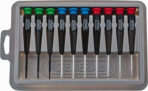 General - 10 Piece Phillips, Slotted & Torx Screwdriver Set - Electrician Shank, Plastic Handle, Blade Sizes: Length 1-1/2, Bit Sizes: Philips #000 to #0, Torx T6, T7 & T8, Tip Thickness: 3/64, 1/16, 5/64 & 3/32 - Apex Tool & Supply