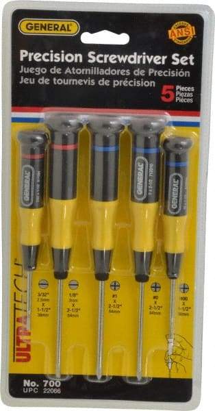 General - 5 Piece Phillips & Slotted Screwdriver Set - Electrician Shank, Plastic Handle, Blade Sizes: Length 1-1/2 & 2-1/2, Bit Sizes: Philips #00 to #1, Tip Thickness: 3/32 & 1/8 - Apex Tool & Supply