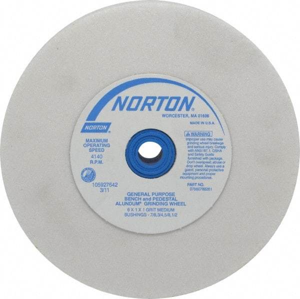 Norton - 60 Grit Aluminum Oxide Bench & Pedestal Grinding Wheel - 6" Diam x 1" Hole x 1" Thick, 4140 Max RPM, J Hardness, Medium Grade , Vitrified Bond - Apex Tool & Supply