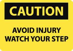 NMC - "Caution - Avoid Injury - Watch Your Step", 10" Long x 14" Wide, Rigid Plastic Safety Sign - Rectangle, 0.05" Thick, Use for Accident Prevention - Apex Tool & Supply