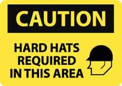 NMC - "Caution - Hard Hats Required in This Area", 10" Long x 14" Wide, Pressure-Sensitive Vinyl Safety Sign - Rectangle, 0.004" Thick, Use for Accident Prevention - Apex Tool & Supply