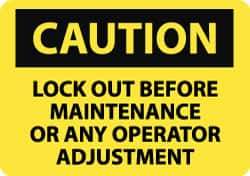 NMC - "Caution - Lock Out Before Maintenance or Any Operator Adjustment", 10" Long x 14" Wide, Pressure-Sensitive Vinyl Safety Sign - Rectangle, 0.004" Thick, Use for Accident Prevention - Apex Tool & Supply