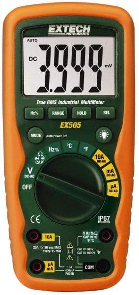 Extech - EX505, CAT IV, 1,000 VAC/VDC, Digital True RMS Multimeter - 40 mOhm, Measures Voltage, Capacitance, Current, Frequency, Resistance, Temperature - Apex Tool & Supply