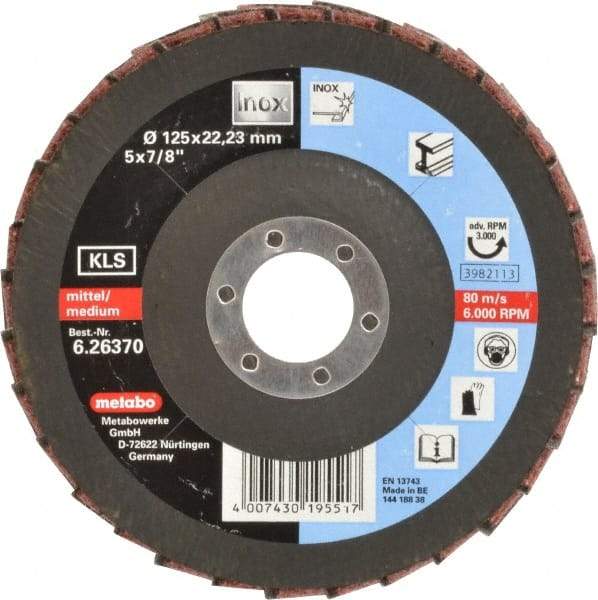 Metabo - 120 Grit, 5" Disc Diam, 7/8" Center Hole, Type 27 Aluminum Oxide Flap Disc - 12,200 Max RPM, Nylon Backing, Coated & Non-Woven Combo - Apex Tool & Supply