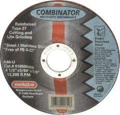 Metabo - 4-1/2" Zirconia Alumina Cutoff Wheel - 5/64" Thick, 7/8" Arbor, Use with Angle Grinders - Apex Tool & Supply