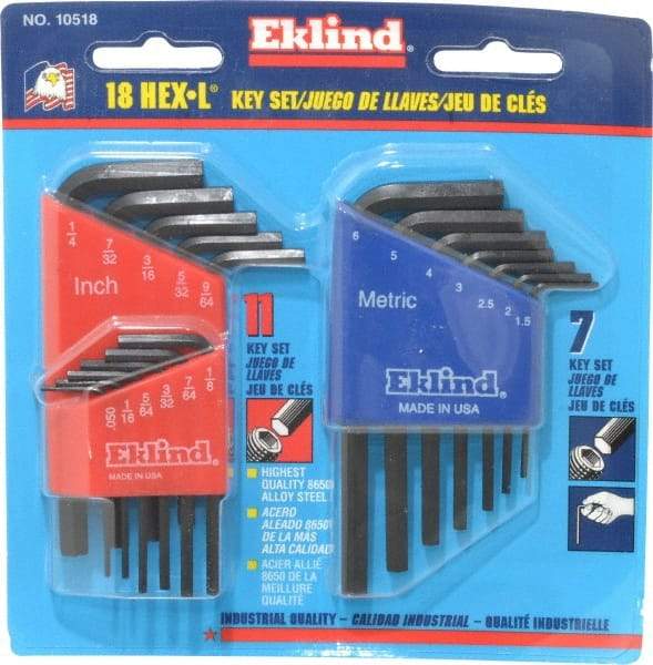 Eklind - 18 Piece L-Key Hex Key Set - Hex Range 0.05 to 1/4" - Apex Tool & Supply