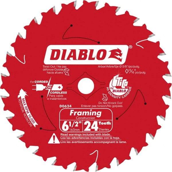 Freud - 6-1/2" Diam, 5/8" Arbor Hole Diam, 24 Tooth Wet & Dry Cut Saw Blade - Carbide-Tipped, Standard Round Arbor - Apex Tool & Supply