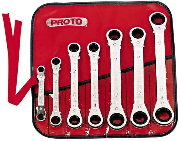 Proto - 7 Piece, 7mm to 21mm, 6, 12 Point Ratcheting Box Wrench Set - Metric Measurement Standard, Chrome Finish, Comes in Pouch - Apex Tool & Supply