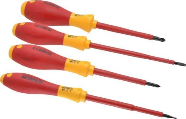 Wiha - 4 Piece Phillips & Slotted Screwdriver Set - Round Shank, Insulated Handle, Bit Sizes: Philips #1 & #2, Tip Thickness: 3/16 & 9/16 - Apex Tool & Supply