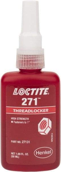 Loctite - 50 mL Bottle, Red, High Strength Liquid Threadlocker - Series 271, 24 hr Full Cure Time, Hand Tool, Heat Removal - Apex Tool & Supply