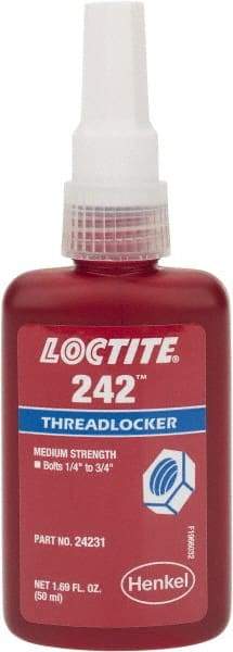 Loctite - 50 mL Bottle, Blue, Medium Strength Liquid Threadlocker - Series 242, 24 hr Full Cure Time, Hand Tool, Heat Removal - Apex Tool & Supply