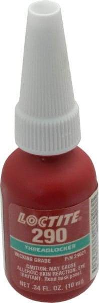 Loctite - 10 mL Bottle, Green, Medium Strength Liquid Threadlocker - Series 290, 24 hr Full Cure Time, Hand Tool, Heat Removal - Apex Tool & Supply