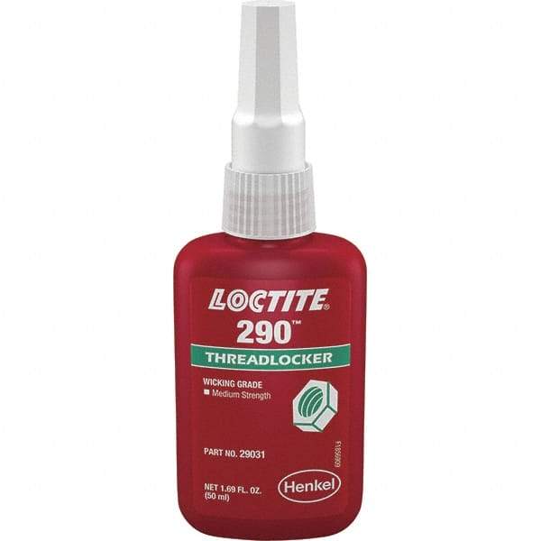 Loctite - 50 mL Bottle, Green, Medium Strength Liquid Threadlocker - Series 290, 24 hr Full Cure Time, Hand Tool, Heat Removal - Apex Tool & Supply