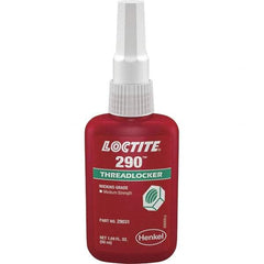 Loctite - 50 mL Bottle, Green, Medium Strength Liquid Threadlocker - Series 290, 24 hr Full Cure Time, Hand Tool, Heat Removal - Apex Tool & Supply