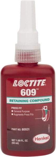 Loctite - 50 mL Bottle, Green, Medium Strength Liquid Retaining Compound - Series 609, 24 hr Full Cure Time, Heat Removal - Apex Tool & Supply