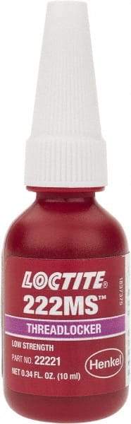 Loctite - 10 mL Bottle, Purple, Low Strength Liquid Threadlocker - Series 222MS, 24 hr Full Cure Time, Hand Tool Removal - Apex Tool & Supply