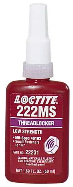 Loctite - 250 mL Bottle, Purple, Low Strength Liquid Threadlocker - Series 222MS, 24 hr Full Cure Time, Hand Tool, Heat Removal - Apex Tool & Supply