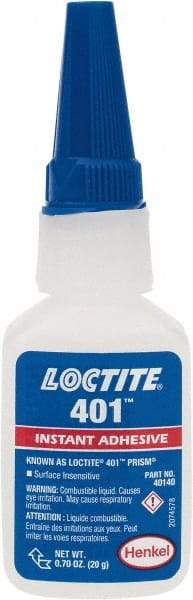Loctite - 0.70 oz Bottle Clear Instant Adhesive - Series 401, 15 sec Fixture Time, 24 hr Full Cure Time, Bonds to Plastic & Rubber - Apex Tool & Supply