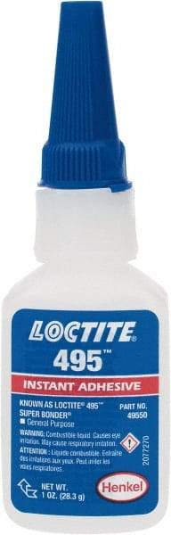 Loctite - 1 oz Bottle Clear Instant Adhesive - Series 495, 20 sec Fixture Time, 24 hr Full Cure Time, Bonds to Metal, Plastic & Rubber - Apex Tool & Supply