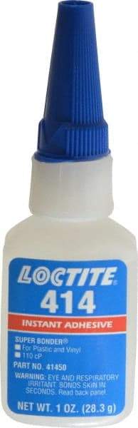 Loctite - 1 oz Bottle Clear Instant Adhesive - Series 414, 20 sec Fixture Time, 24 hr Full Cure Time, Bonds to Metal, Plastic & Rubber - Apex Tool & Supply