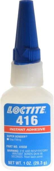 Loctite - 1 oz Bottle Clear Instant Adhesive - Series 416, 30 sec Fixture Time, 24 hr Full Cure Time, Bonds to Metal, Plastic & Rubber - Apex Tool & Supply