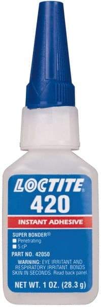Loctite - 1 oz Bottle Clear Instant Adhesive - Series 420, 20 sec Fixture Time, 24 hr Full Cure Time, Bonds to Metal, Plastic & Rubber - Apex Tool & Supply